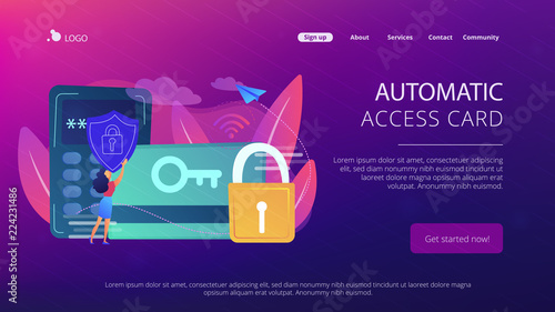 Access control card with key and lock and woman with protection shield. Electronic opening system, security system, automatic access card concept, violet palette. Website landing web page template.