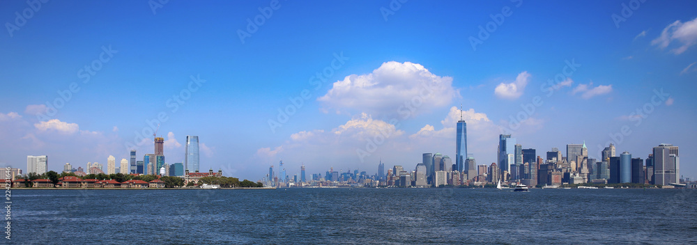 Aerial view on New Jersey and New York City Manhattan from Liberty island