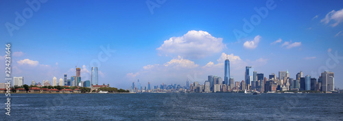Photography Aerial view on New Jersey and New York City Manhattan from Liberty island