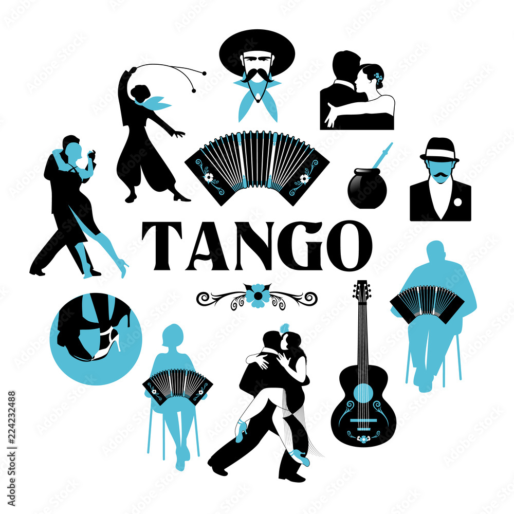 Fototapeta premium Symbolic silhouettes around the world of Tango. Dancers, gauchos, bandoneon, guitar