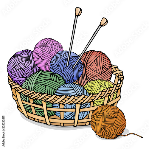 Tangles of different colors with wool for knitting in a wicker basket. Colorful vector illustration in sketch style.