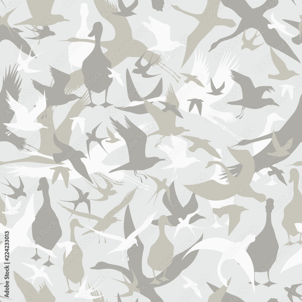 Seamless camouflage with flying birds - obrazy, fototapety, plakaty 