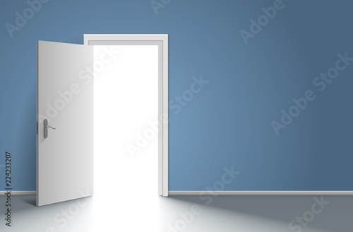 Realistic open door in blue wall