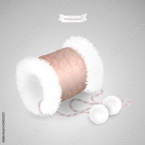 Winter accessory fluffy fur female muff or handwarmer. Realistec vector illustration isolated on gray background.