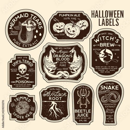 Halloween Bottle Labels Potion Labels. Vector Illustration. photo