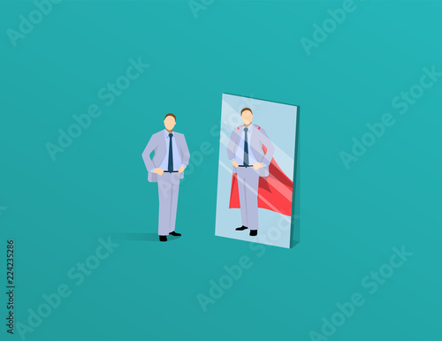 Vector of a motivated business man facing himself as a super hero in the mirror. Self confidence concept.