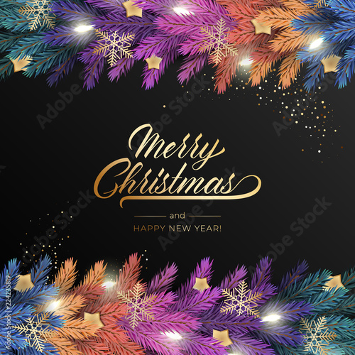 Holiday's Background for Merry Christmas greeting card with a realistic colorful garland of pine tree branches, decorated with Christmas lights, gold stars, snowflakes