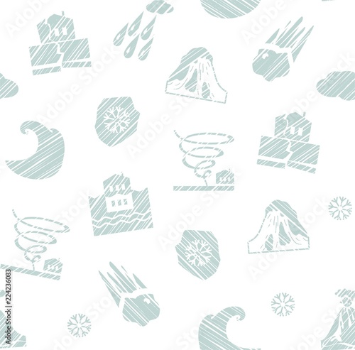 Weather, natural disasters, seamless pattern, hatching, vector, white. Images of various natural disasters. Vector picture. Simulated pencil shading. Gray drawings on a white background. 