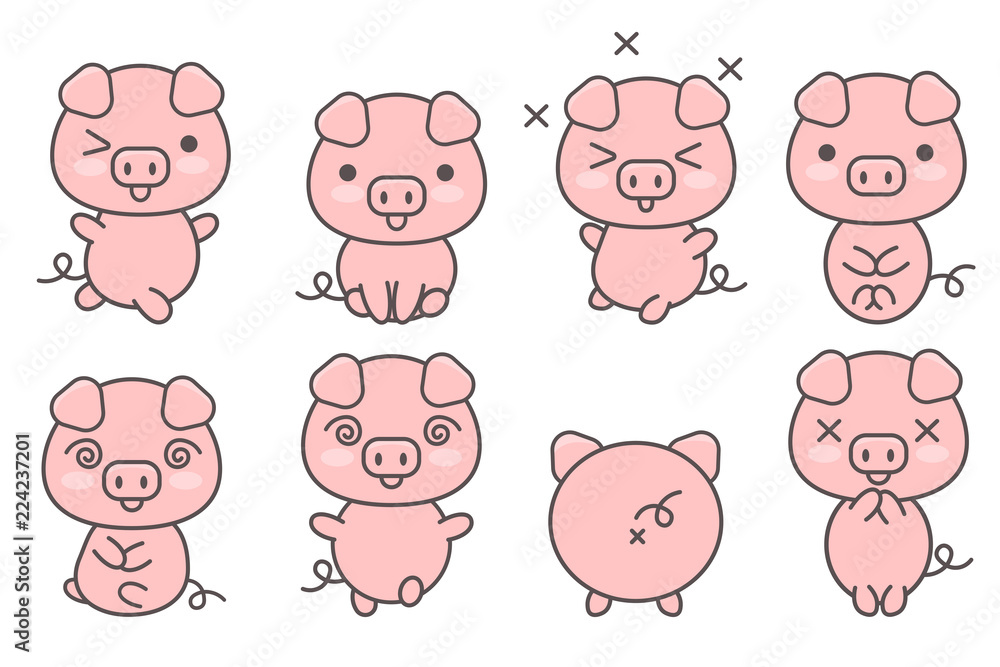 Set of cute pigs with various emotions and poses. Kawaii pink piglets. Symbol of Chinese New Year. Set of cute pigs with various emotions and poses. Kawaii pink piglets. Symbol of Chinese New Year.
