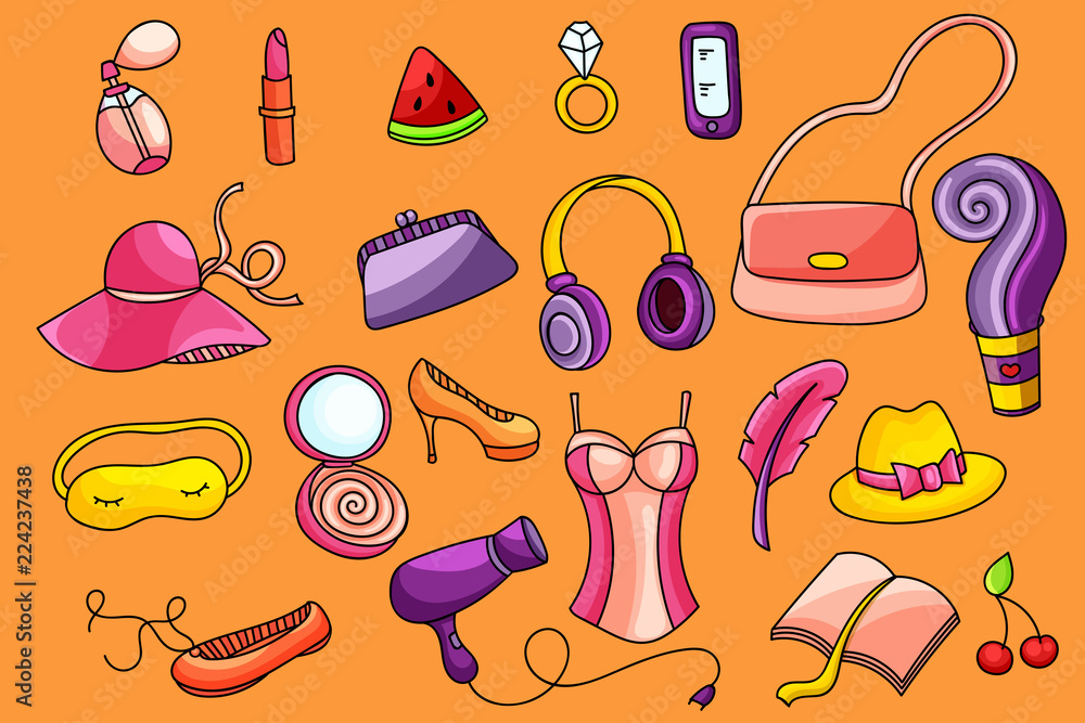 Women objects set in doodle style. Colorful cartoon femininity items,  fashion accessoires. Girl lifestyle collection. Stock Vector | Adobe Stock