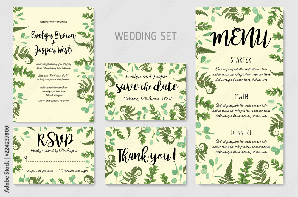 Wedding Invitation, floral invite, thank you, rsvp card Design: green fern leaves greenery, eucalyptus and boxwood branches, forest foliage decorative frame print. Vector elegant watercolor rustic set