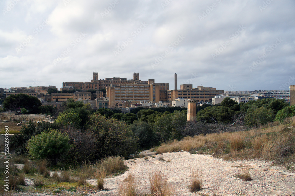 St. Luke's Hospital in Pieta, Malta, as visible from fortifications of Floriana