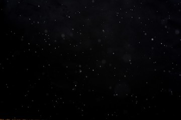 Snowfall on black background - design element. Abstract black white snow texture on black background for overlay