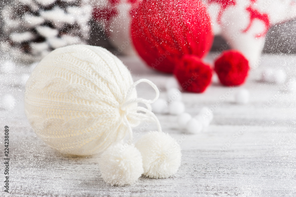 Red and white knitted balls Red and white knitted balls