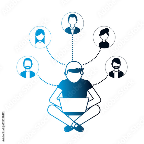 man using laptop connection group people