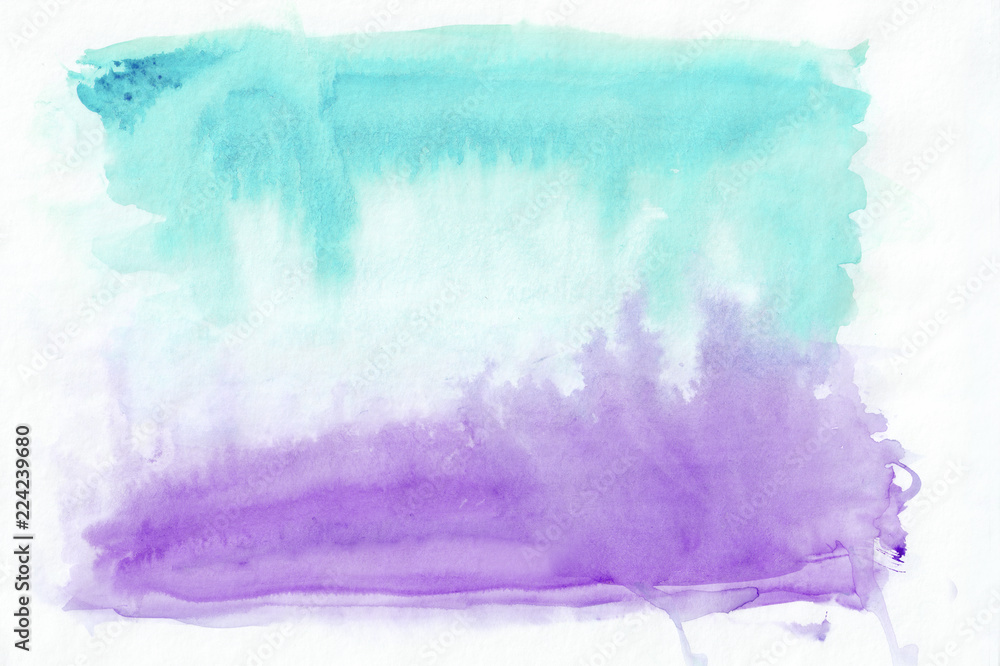Purple (or amethyst) and turquoise (sky blue) mixed watercolor horizontal gradient background. It's useful for greeting cards, valentines, letters. Abstract art style handicraft pattern