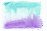 Purple (or amethyst) and turquoise (sky blue) mixed watercolor horizontal gradient background. It's useful for greeting cards, valentines, letters. Abstract art style handicraft pattern