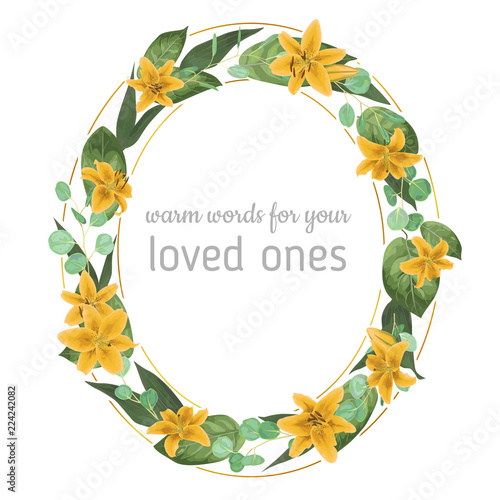 Wedding floral invitation, invite card. Vector watercolor style, herbs, eucalyptus, yellow lily, botanical green decorative frame, border, oval. Tender, elegant textile fabric, wrapping paper