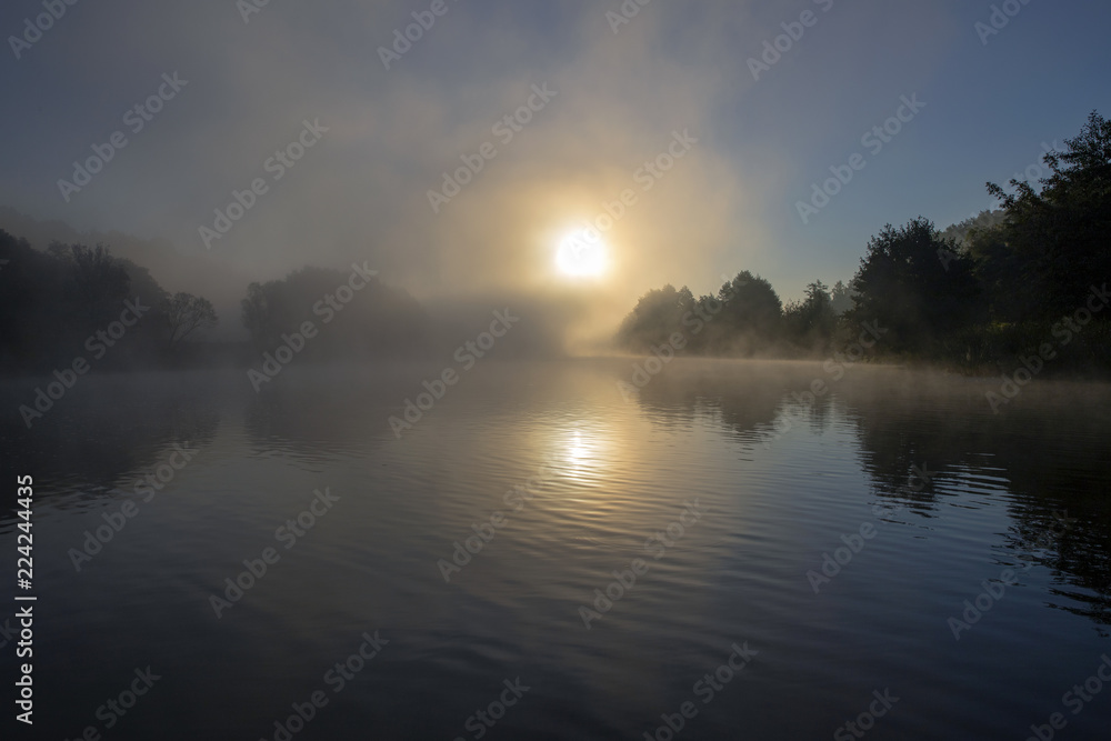 Fog at dawn. Foggy morning. Thunder over the river. Fog at dawn. Foggy morning. Thunder over the river.