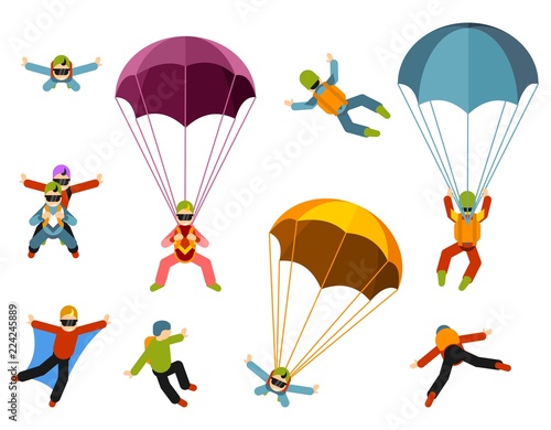 People are engaged in extreme parachuting vector Illustrations on a white background