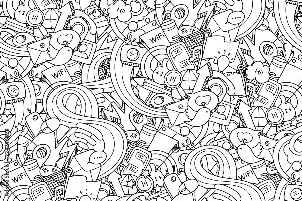 Doodles social media seamless pattern. Technology objects with doodle wave for coloring and design. Easy to change colors. Vector illustration. Doodles social media seamless pattern. Technology objects with doodle wave for coloring and design. Easy to change colors. Vector illustration.