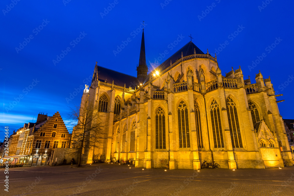The medieval St. Peter's Church in Leuven, Belgium, during the evening blue hour