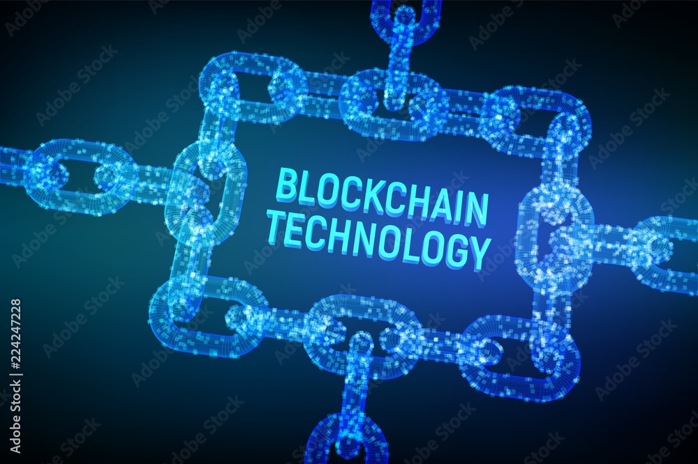 Fototapeta premium Block chain. Crypto currency. Blockchain concept. 3D wireframe chain with digital blocks. Editable cryptocurrency template. Stock vector illustration.