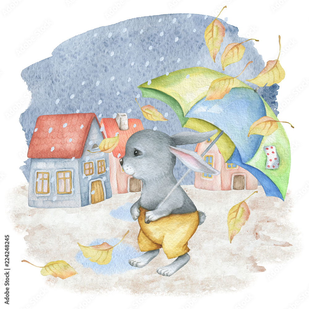Plakat Akwarela jesienna scena z uroczym królikiem, parasolem, domami i deszczem
