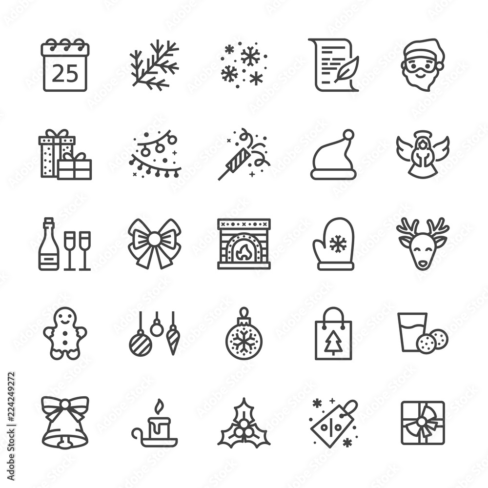 Merry Christmas flat line icons. Fir branch, snowflakes, presents, letter to santa claus, lights garlands decoration vector illustrations. Thin signs xmas sale. Pixel perfect 48x48. Editable Strokes. Merry Christmas flat line icons. Fir branch, snowflakes, presents, letter to santa claus, lights garlands decoration vector illustrations. Thin signs xmas sale. Pixel perfect 48x48. Editable Strokes.