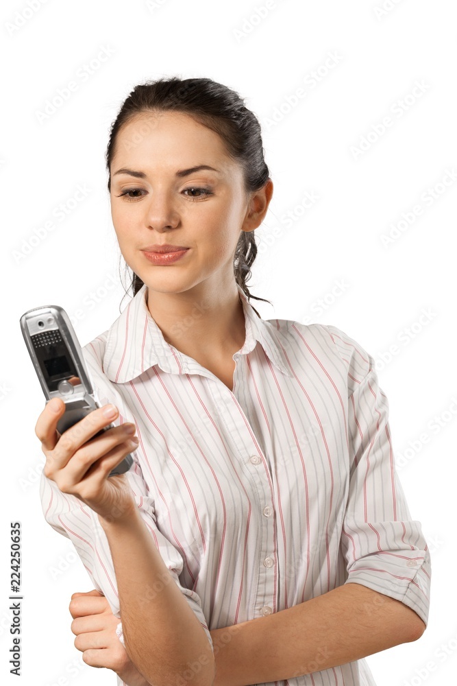 Close-up portrait of young woman with phone isolated on white Close-up portrait of young woman with phone isolated on white
