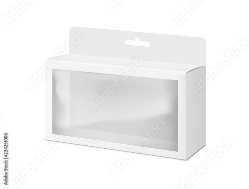 Universal mockup of blank cardboard box with transparent window. Vector illustration isolated on white background, ready and simple to use for your design. EPS10. 