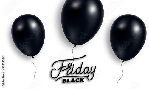 Black Friday. Realistic glossy black balloon and lettering. Black Friday sale banner design