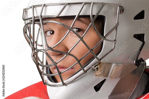 Photography Portrait of sporty man in helmet isolated on white background