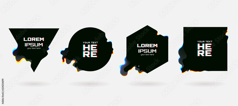Vector geometric shapes with liquid glitch. Circle, triangle, rhombus and square with vhs glitch effect. Abstract black torn forms. Applicable for banner design,invitation, party flyer etc.