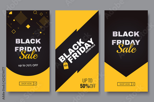 Black friday vertical promotion banner set. Sale banners design template. Yellow and black geometric background. Minimalistic discount flyers. Vector eps 10