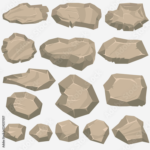 Rock stone cartoon in flat style. Set of different boulders