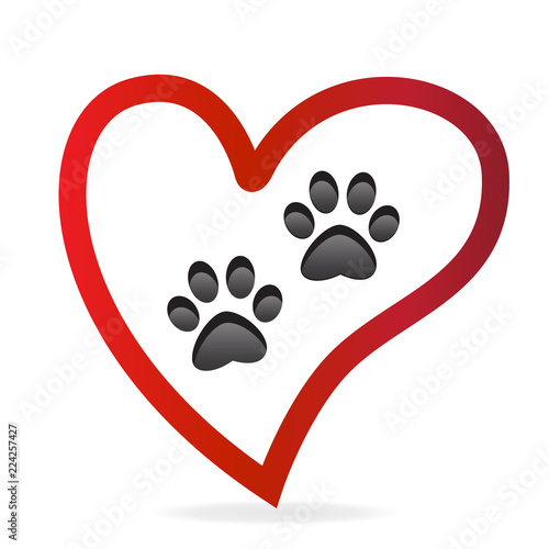 Paw pet inside of love heart logo vector icon.Paw prints pair