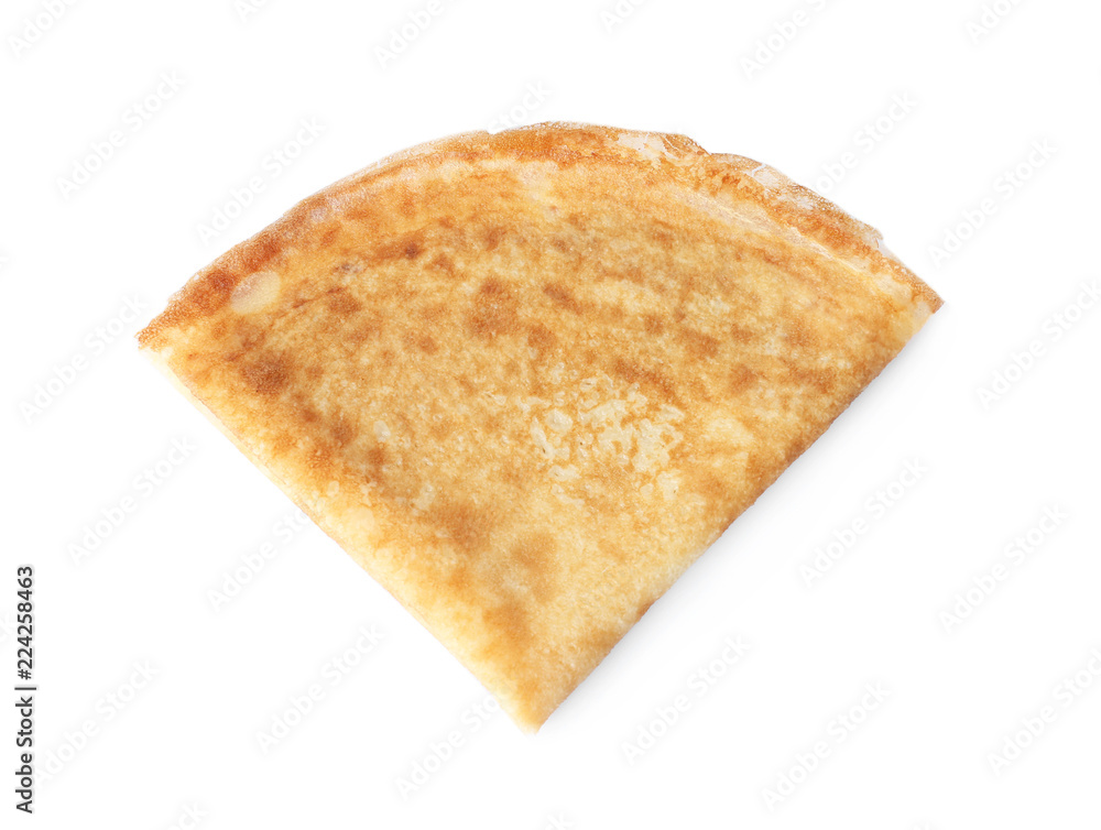Tasty thin folded pancake on white background, top view Tasty thin folded pancake on white background, top view