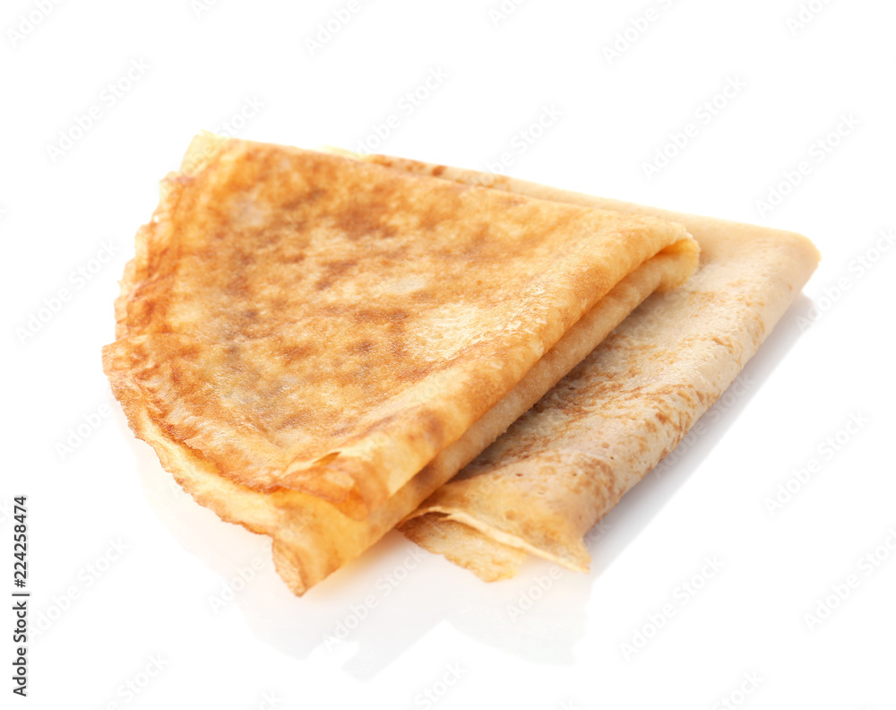 Tasty thin folded pancakes on white background Tasty thin folded pancakes on white background