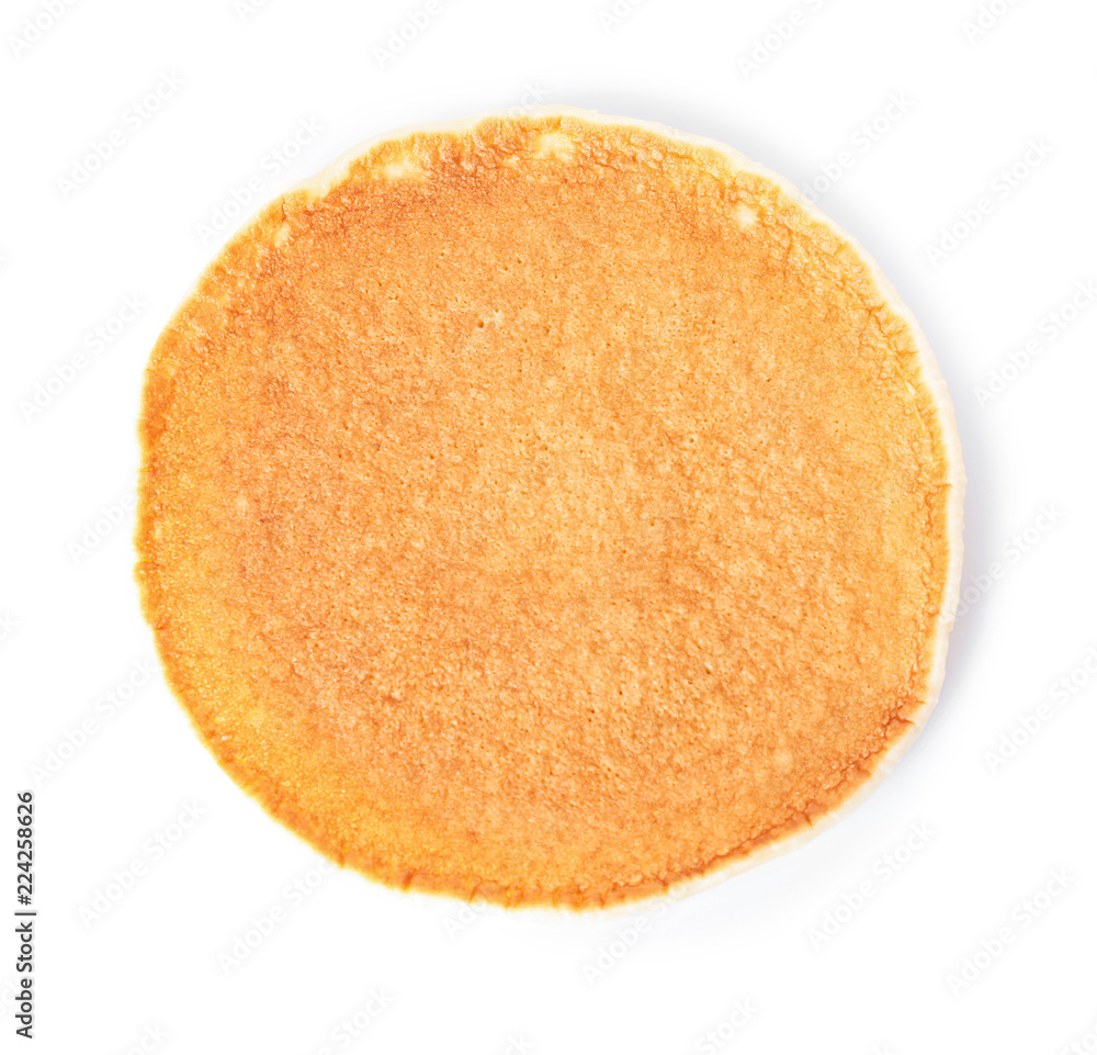 Hot tasty pancake on white background, top view