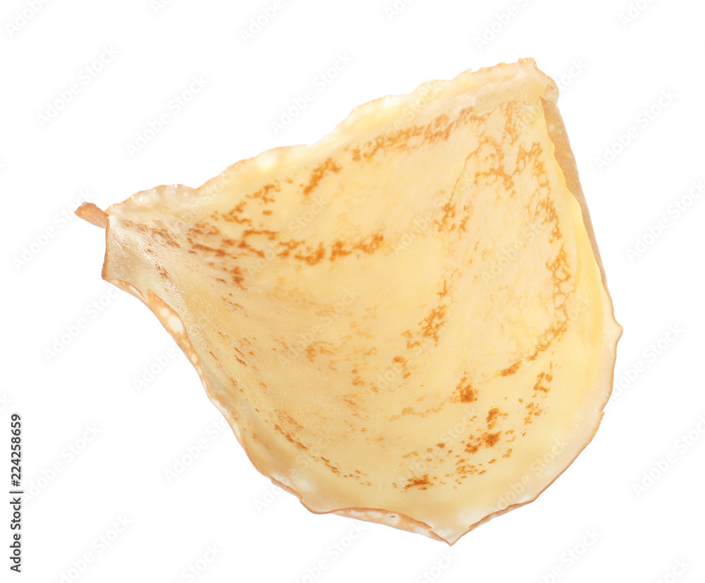 Hot tasty thin pancake on white background Hot tasty thin pancake on white background