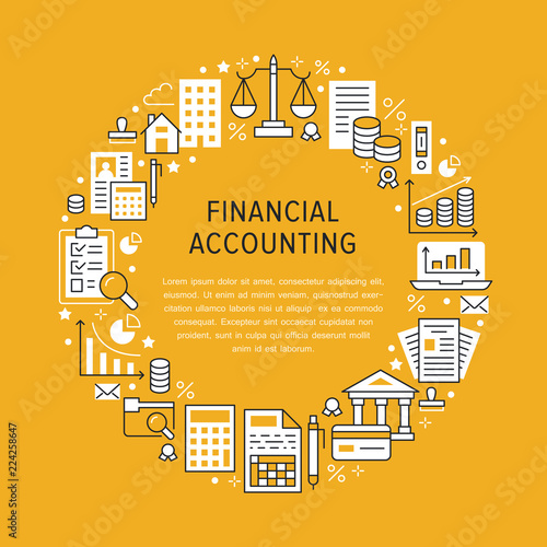Financial accounting circle poster with flat line icons. Bookkeeping brochure concept, tax optimization, loan, payroll, real estate crediting. Accountancy, finance thin linear signs for legal services