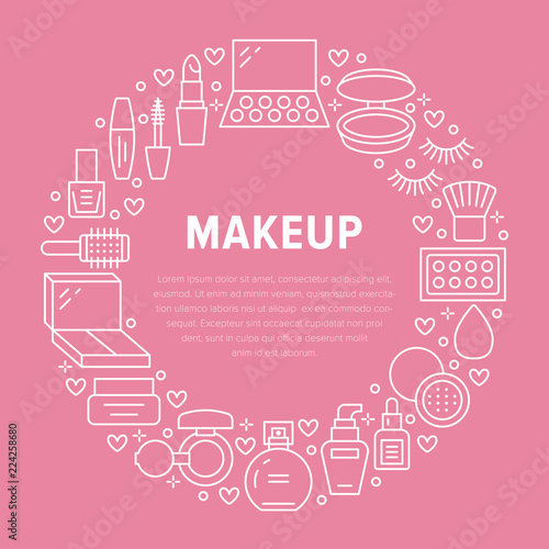 Makeup beauty care pink circle poster with flat line icons. Cosmetics illustrations of lipstick, mascara, powder, eyeshadows, nail polish, shampoo. Cute brochure with thin signs for make up store.