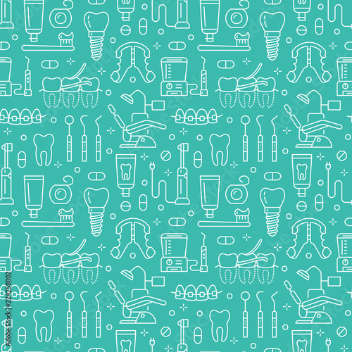 Dentist, orthodontics blue seamless pattern with line icons. Dental care, medical equipment, braces, tooth prosthesis, floss, caries treatment, toothpaste. Health care background for dentistry clinic.