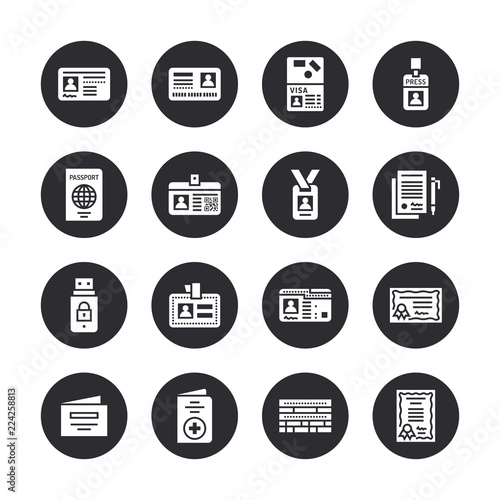 Documents, identity vector flat glyph icons. ID cards, passport, press access student pass, visa, migration certificate, token legal contract illustration. Solid silhouette signs pixel perfect 64x64.