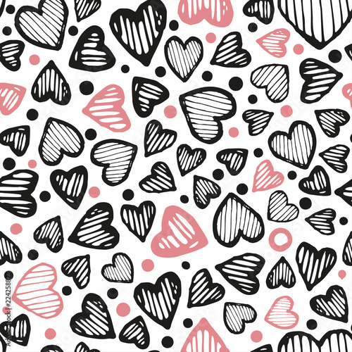 Abstract seamless heart pattern. Ink illustration. White, black and pink