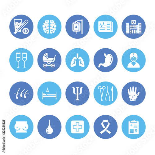 Hospital, medical flat glyph icons. Human organs, stomach, brain, flu, oncology, plastic surgery, psychology breast cancer Health care clinic signs. Solid silhouette pixel perfect 64x64.