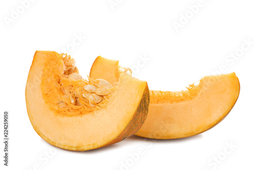 Fresh raw pumpkin slices isolated on white