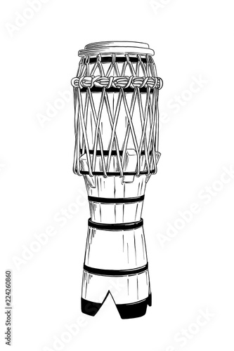 Vector engraved style illustration for posters, decoration and print. Hand drawn sketch of brazilian drum in black isolated on white background. Detailed vintage etching style drawing.