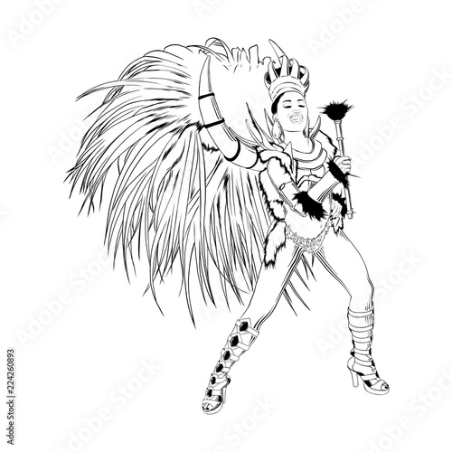 Vector engraved style illustration for posters, decoration and print. Hand drawn sketch of brazilian carnival dancer in black isolated on white background. Detailed vintage etching style drawing.